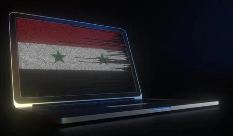 Flag of Syria made with computer code on the laptop screen. Hacking or 库存插图