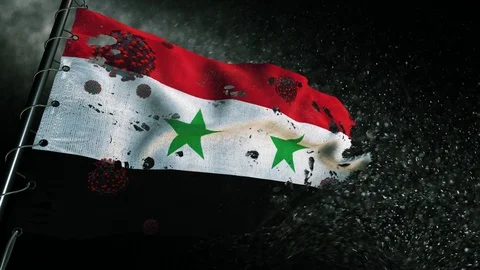 The flag of Syria is torn and marked with the virus of covid-19 . 動画素材 127199849