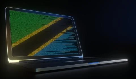 Flag of Tanzania made with computer code on the laptop screen. Hacking or Stock Illustration