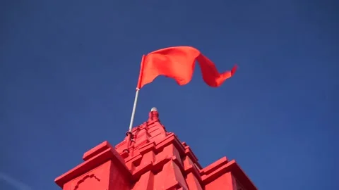 The flag of the temple on the sacred mountain of Pushkar Stock Footage 167891497