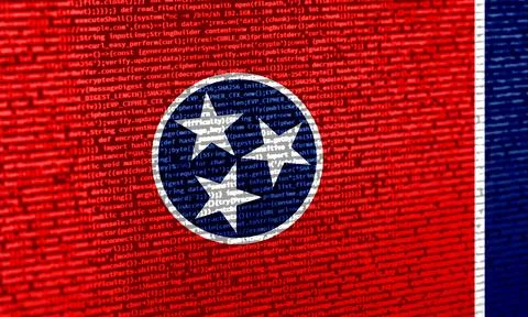 Flag of Tennessee over digital code. Concept of cybersecurity, innovation, .. Stock Photos