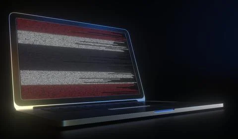 Flag of Thailand made with computer code on the laptop screen. Hacking or Stock Illustration