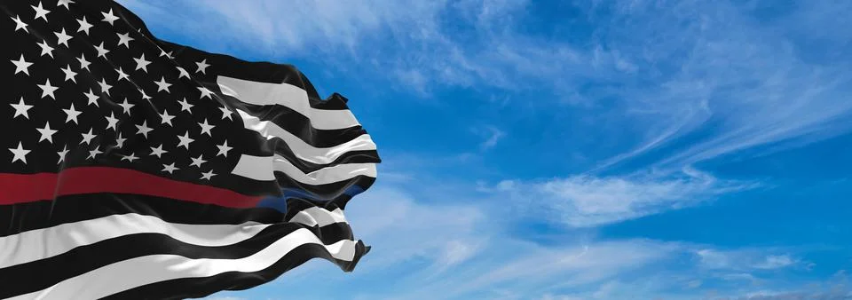Flag of Thin red and blue Line USA Flag at cloudy sky background on sunset, p Stock Illustration