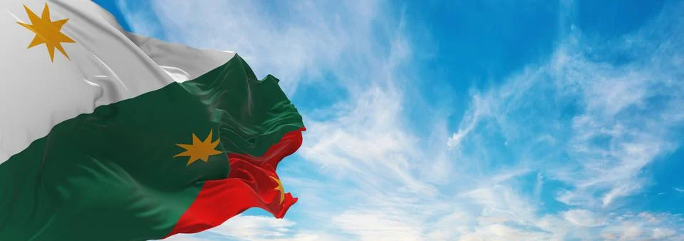 Flag of Three Guarantees , Mexico at cloudy sky background on sunset, panoram Stock Illustration