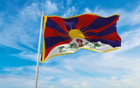 Flag of Tibet at cloudy sky background on sunset, panoramic view. People's Re Stock Illustration