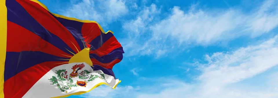 Flag of Tibet at cloudy sky background on sunset, panoramic view. People's Re Stock Illustration