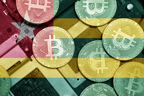 Flag of togo on the bitcoins with computer electronic circuit board backgro.. Stock-Fotos