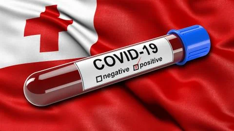 Flag of Tonga waving in the wind with a positive Covid-19 blood test tube. 3D Stock Illustration