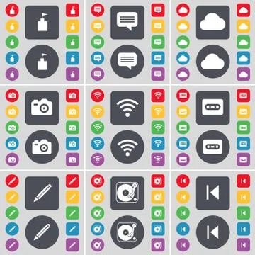 Flag tower, Chat bubble, Cloud, Camera, Wi-Fi, Cassette, Pencil, Gramophone, Med Stock Illustration