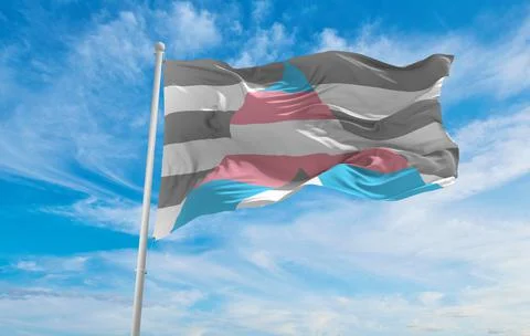 Flag of Trangender ally waving in the wind at cloudy sky. Freedom and love co Stock Illustration