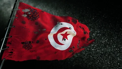 The flag of Tunisia is torn and marked with the virus of covid-19 . Видео 127199940