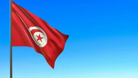 Flag of Tunisia waving in the wind on flagpole against the sky 3d-rendering Иллюстрация