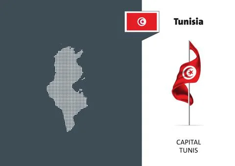 Flag of Tunisia on white background. Dotted map of Tunisia Stock Illustration