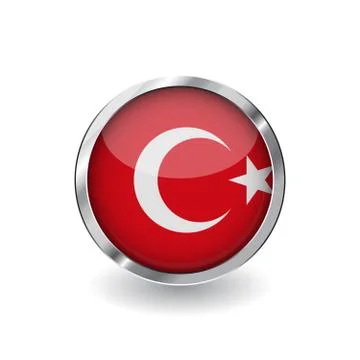 Flag of turkey, button with metal frame and shadow. turkey flag vector icon,  Stock Illustration