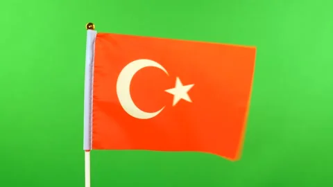 Flag of Turkey on flagpole on green background. Turkish Flag waving in wind. Stock Footage 143690592