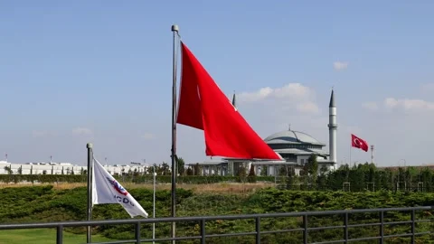 The flag of Turkey flies over the Bosphorus Stock Footage 316700175