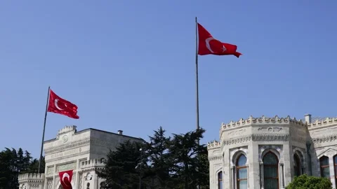 The flag of Turkey flies over the Bosphorus Stock Footage 316701844
