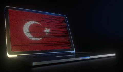 Flag of Turkey made with computer code on the laptop screen. Hacking or 库存插图