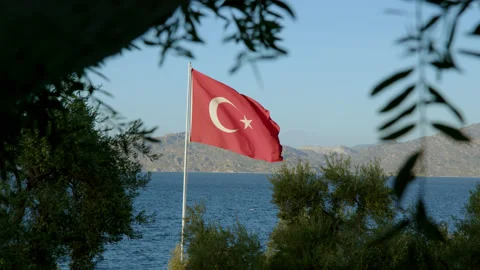 Flag of turkey in red is fluttering in wind with bay or sea in background Stock Footage 221279633