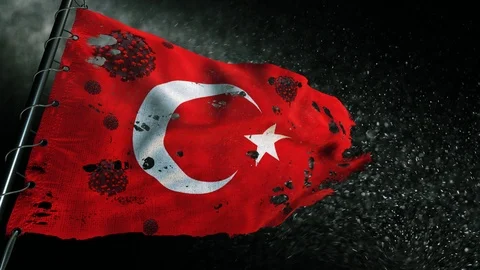 The flag of Turkey is torn and marked with the virus of covid-19 . 스톡 동영상 127200032