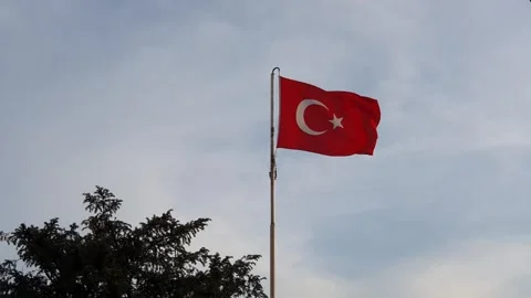 Flag of Turkey waving in wind against cloudy sky. National flag of Turkish flutt Stock Footage 240843056