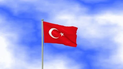 Flag of turkey waving in the wind with pole and blue sky background Stock Footage 124943018