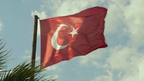 Flag of Turkey waving in the wind, sky and sun background. Stock Footage 144317347