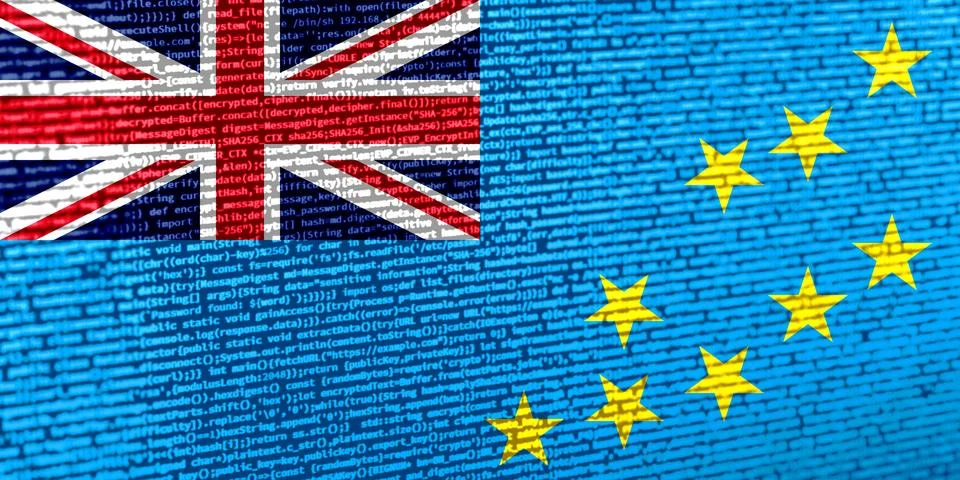 Flag of Tuvalu over digital code. Concept of cybersecurity, innovation, and.. Foto stock