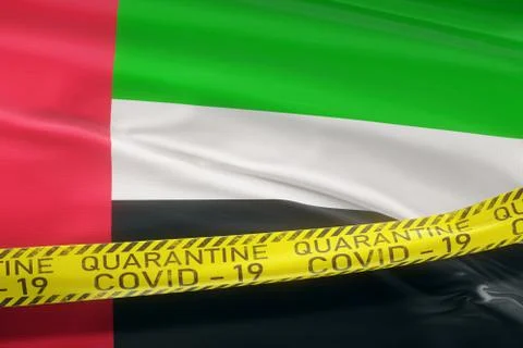 Flag of UAE waving on wind Covid-19 tape quarantine Stock Illustration