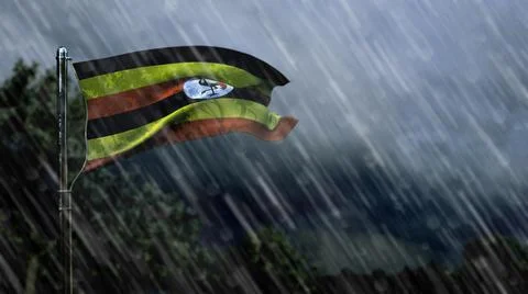 Flag of Uganda with rain and dark clouds, windstorm forecast symbol Stock Illustration