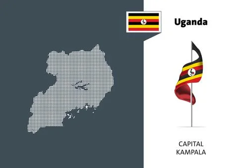 Flag of Uganda on white background. Dotted map of Uganda with Capital name Stockillustratie