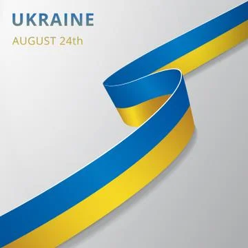 Flag of Ukraine. 24th of August. Vector illustration. Wavy ribbon on gray bac Stock Illustration