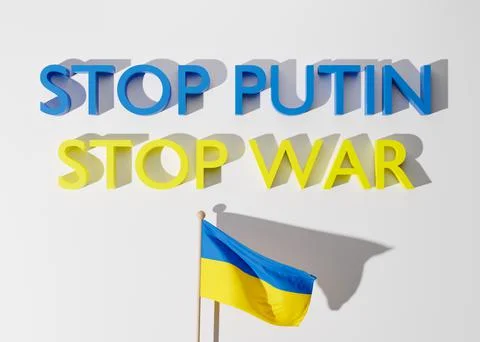 Flag of Ukraine and text STOP PUTIN, STOP WAR on the white background. Russian Stock Illustration