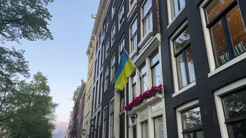 Flag Of Ukraine On A Building In Amsterdam Stock Footage 202895837