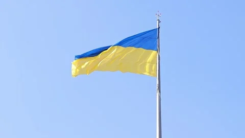The flag of Ukraine develops against the blue sky 動画素材 249480157