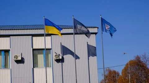 Flag of Ukraine develops surrounded by other flags of industrial enterprises 스톡 동영상 170940467