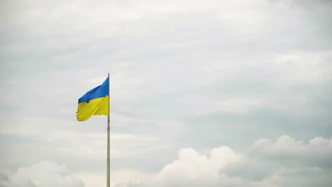 Flag of Ukraine flutters against the background of a cloudy, gray sky. 스톡 동영상 201211531