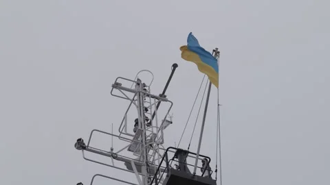 Flag of Ukraine flutters in the sky. Flag of Ukraine in Antarctica 스톡 동영상 306755940
