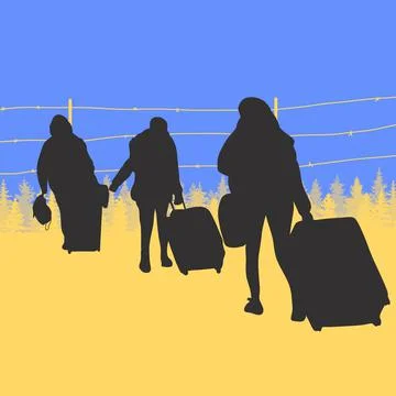 Flag of Ukraine. Illegal entry of citizens to country. Refugees near barbed wire Stock Illustration