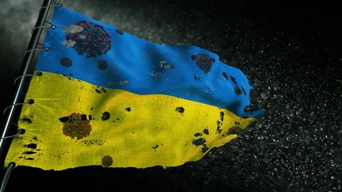 The flag of Ukraine is torn and marked with the virus of covid-19 . Stock-Footage 127200143