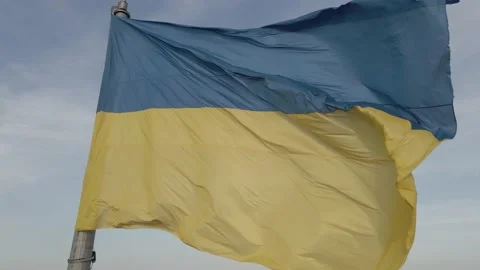 Flag of Ukraine in the wind. Kyiv. Flat, gray Video stock 144019945
