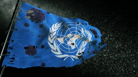 The flag of United Nations is torn and marked with the virus of covid-19 . Stock-Footage 127200156