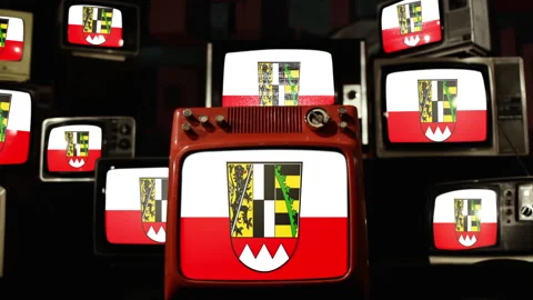 Flag of Upper Franconia, Bavaria, southern Germany, and Vintage Televisions. Stock Footage