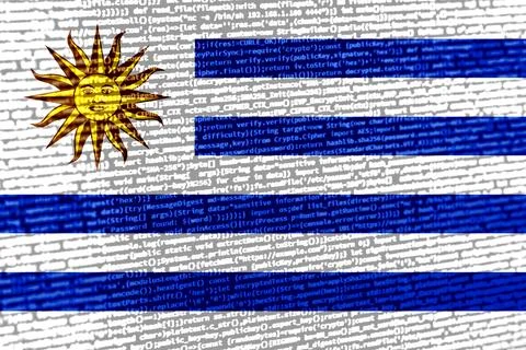 Flag of Uruguay over digital code. Concept of cybersecurity, innovation, an.. Stock Photos