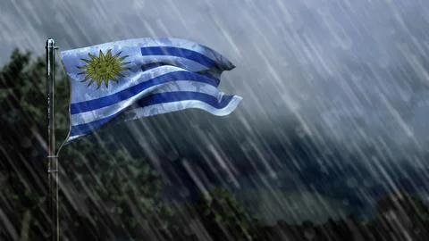 Flag of Uruguay with rain and dark clouds, windstorm forecast symbol Stock Illustration