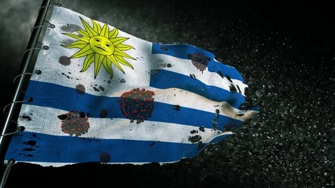 The flag of Uruguay is torn and marked with the virus of covid-19 . Stock-Footage 127200349