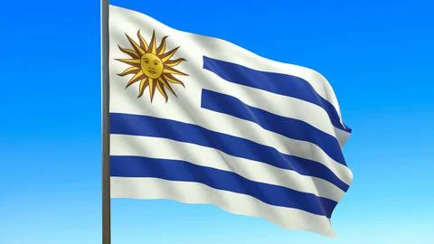 Flag of uruguay waving in the wind on flagpole against the sky 3d-rendering 스톡 일러스트