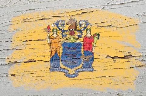 Flag of us state of new jersey on grunge wooden texture precise painted with  Stock Photos