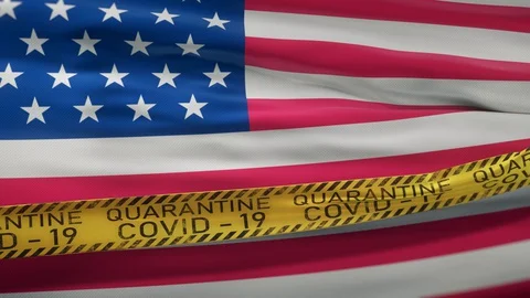 Flag of the US waving on wind with Covid-19 quarantine tape Stock Footage 127742320