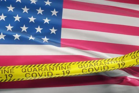 Flag of the US waving on wind. Covid-19 tape quarantine Stock Illustration